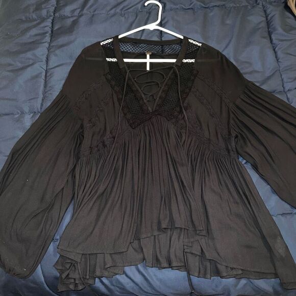 Free People 'Don't Let Go' Peasant Top black Goth fishnet vampire corset size S - Picture 4 of 8
